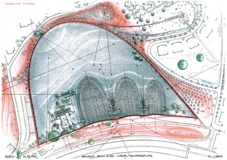 Site plan. The axis of each of the three buildings of the Cultural Centre is perpendicular to that of the nearby motorway