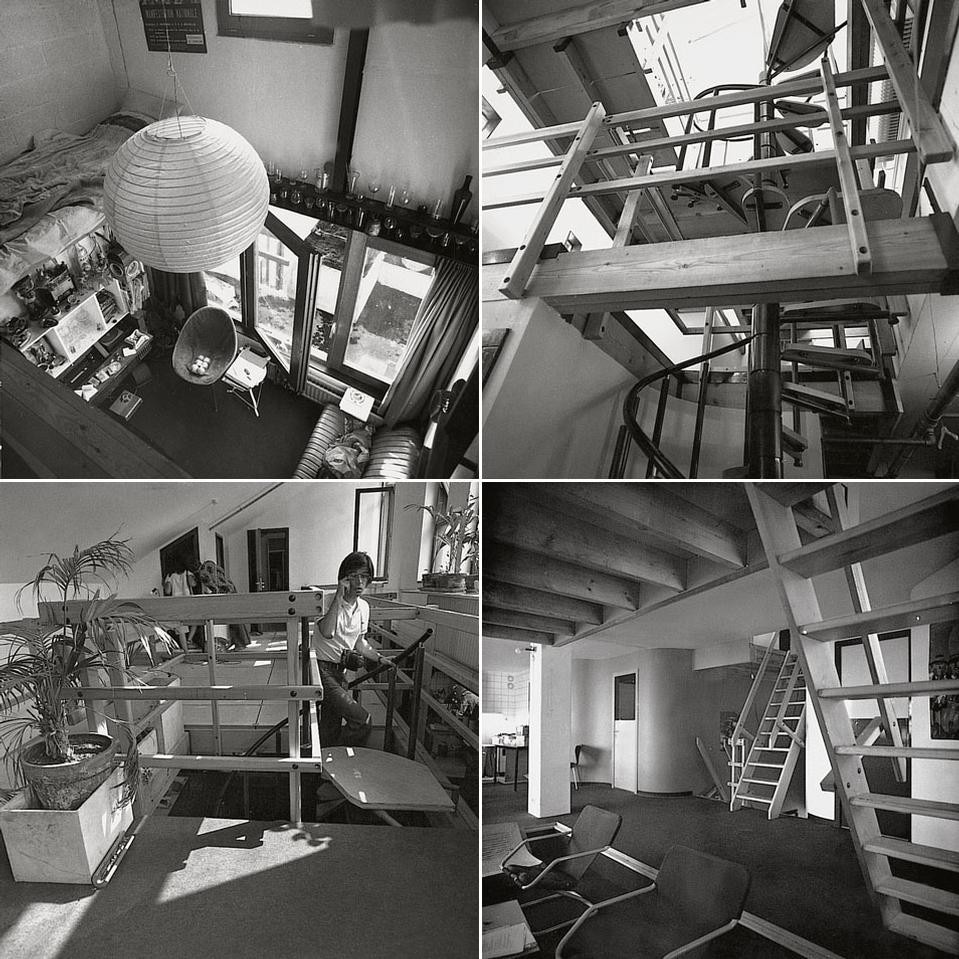 Four views of the “attics”.
The top two floors were divided between
students who had activities in common and
who also personally designed their spaces and
furniture. When Atelier Kroll subsequently
built the interiors, they carefully followed
the indications of the future inhabitants.