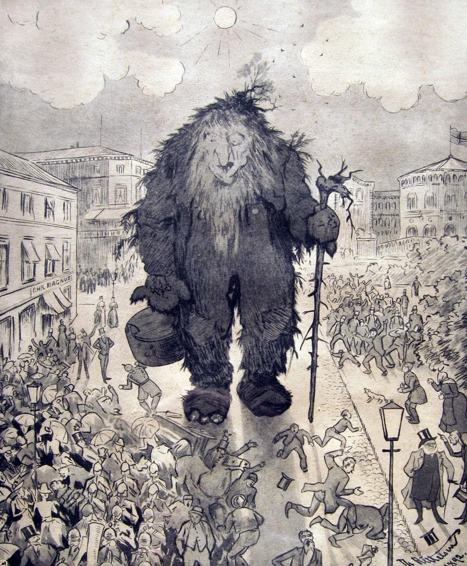 In a popular etching by the Norwegian artist Theodor Kittelsen, Henrik Ibsen walks slowly with a gentle Troll in the main street of Oslo whilst the panic-stricken population flees the giant. 