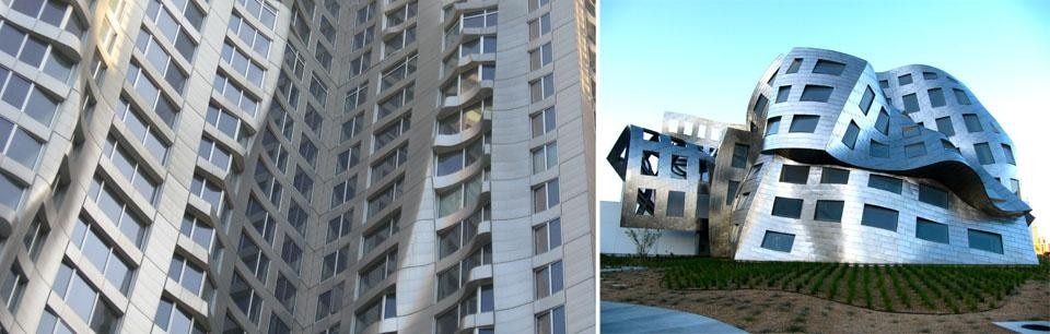 Left: Gehry Partners, LLP. 8 Spruce Street, New York (2011). Photo Michael Holt. Right: Gehry Partners, LLP. Lou Ruvo Center, Las Vegas (2009). Photo Edward Lee.