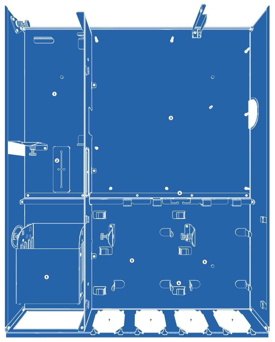 Facebook’s
server chassis
blueprint. 1. Power supply, 2. Partition rubber, 3. Motherboard, 4. Chassis stiffener and cable
management channel, 5. Drive bay, 6. Integrated cable management, 7. four rear-mounted 60 mm fans.