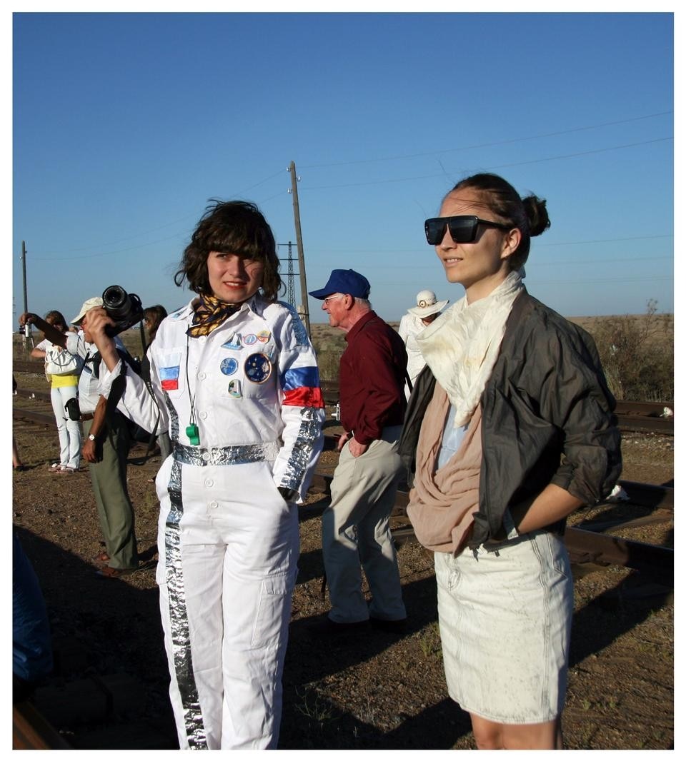 Regina Peldszus and Nelly Ben Hayoun in her cosmonaut costume waiting for the lift-off. Photograph by Samantha Lee.