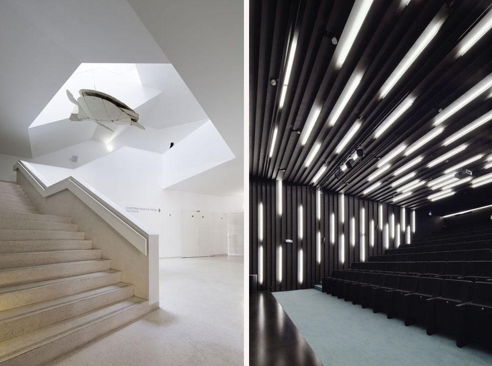 Left: the stair from auditorium on the basement level leads to the entrance hall and exhibition floors. Right: The auditorium has 125 seats and hosts a variety of events from lectures to children's shows to screenings and workshops. The interior surface, in black MDF, is marked by 'cuts' created with differently positioned artificial lights. Photo © <a href="www.brunecky.com" target="_blanK">Radek Brunecky</a>
