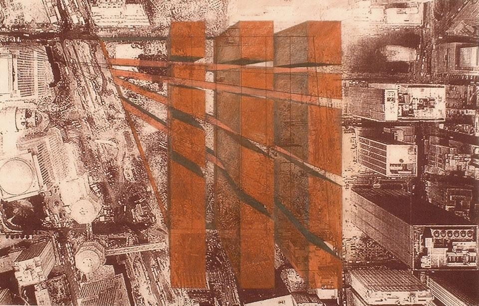 Raimund Abraham, Architect, proposal for the reconstruction of the World Trade Center site, 2002. Drawing on sepia print by Raimund Abraham.