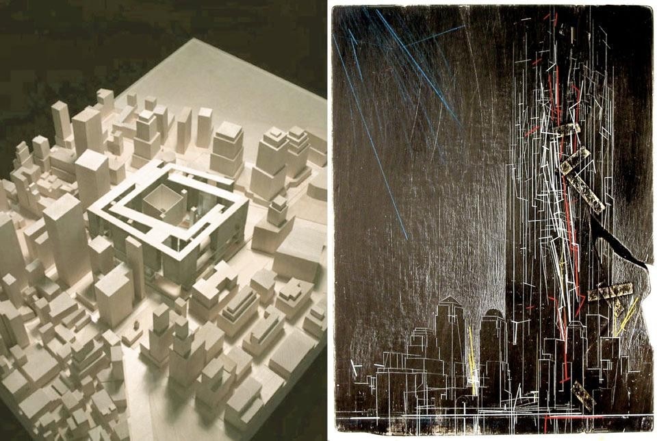 Left: Allied Works, Architects, proposed reconstruction of the World Trade Center site, 2002. Model by Allied Works.<br />Right: Lebbeus Woods, Architect, proposed reconstruction of the World Trade Center site, 2002. Drawing by Lebbeus Woods.