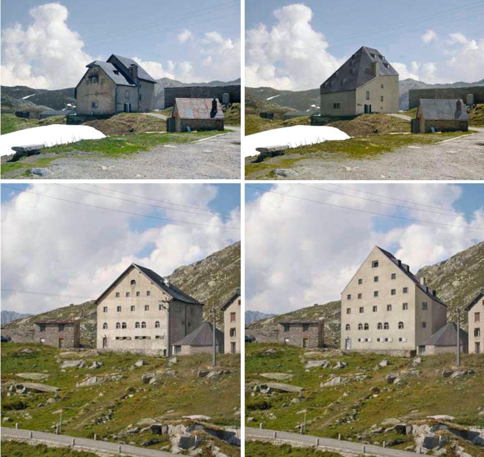 Top: The new compact and
complex volume of the Ospizio
San Gottardo as it appears
to those coming through the
mountain pass from the north. <br /> Above: The photo comparison of
before and after renovation
reveals the architects’ desire
to declutter in favour of
architectural clarity. Photo Ruedi Walti.