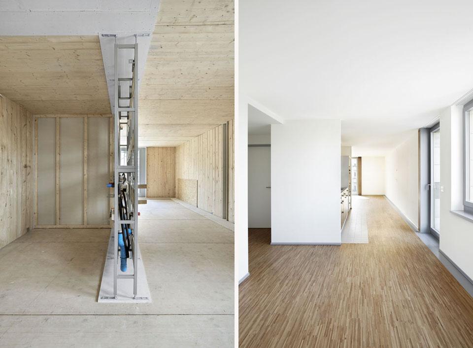 Left: interiors in the
construction phase. Right: In the finished apartments,
no structural wood is visible. Photos Joseph  Micciché.