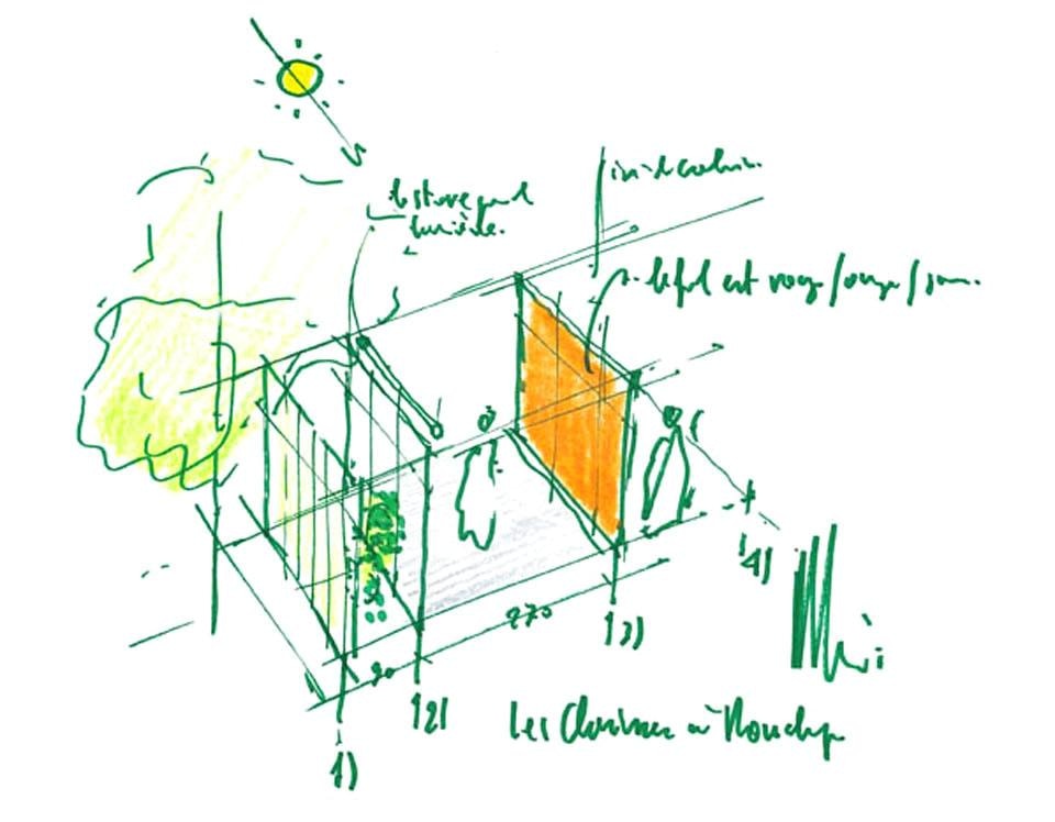 Cell, Renzo Piano’s sketch © Renzo Piano Building Workshop. The cells are small independent units integrated into the hill (2.70m x 2.70 m).

