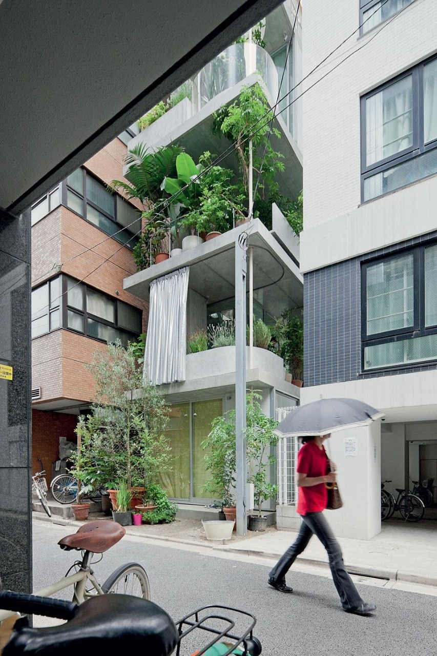 Vases, planters, concrete
benches, plexiglass railings
and curtains form the
boundary between inside and
outside. The air-conditioning
systems are placed on the
roof. The downspouts are
thin pillars.