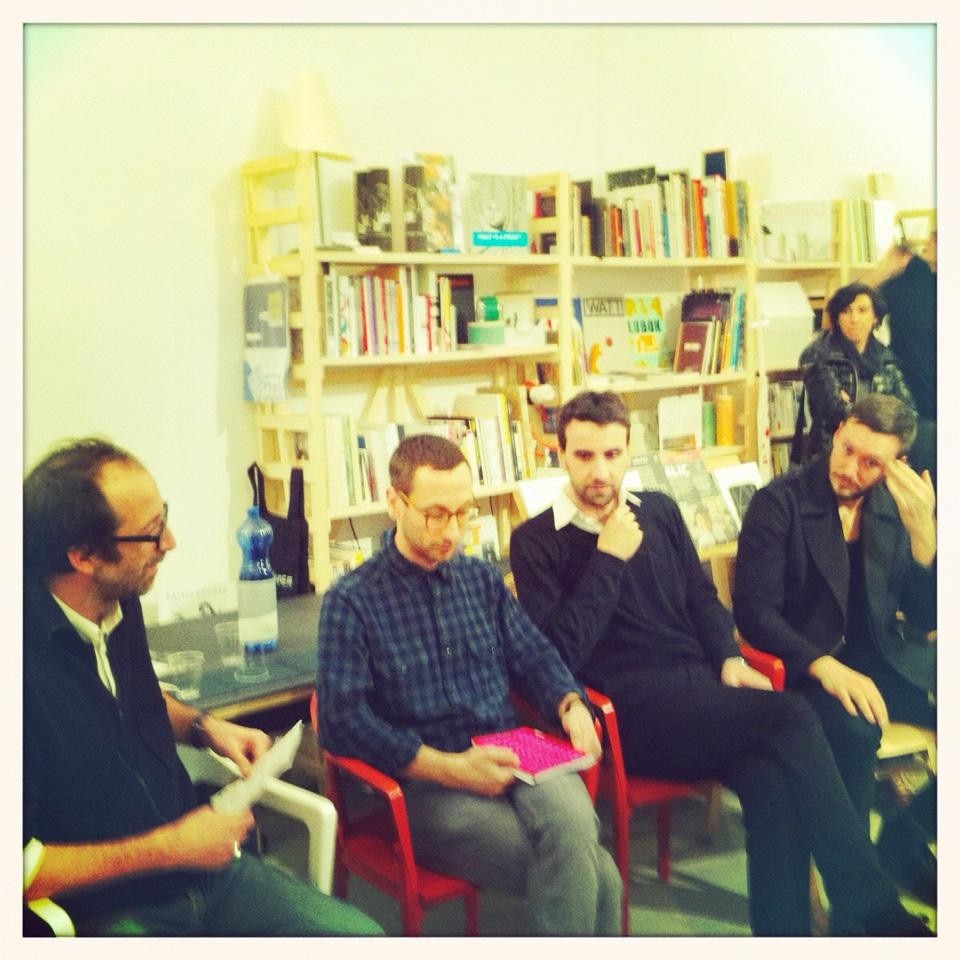 Luca Molinari, Elias Redstone, Joseph Grima and Matteo Ghidoni at the debate on 23 February, at 121+ Libreria Extemporanea, in Milan