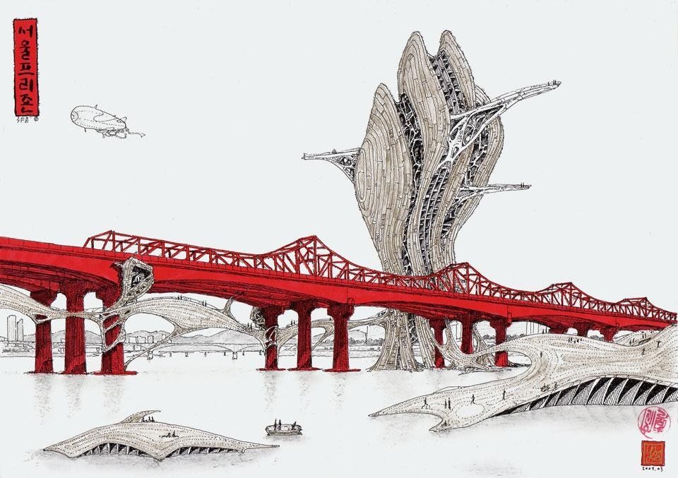Seoul Prizone (2009). <em>Prizone</em> is a neologism conceived by Moon as a synthesis of “Prison” and “Free zone”. A shell form—one of Moon’s favourite leitmotifs—appears next to a red-coloured bridge. What emerges is an unconscious desire to expand freedom in a reality where each person is caught in an open urban prison