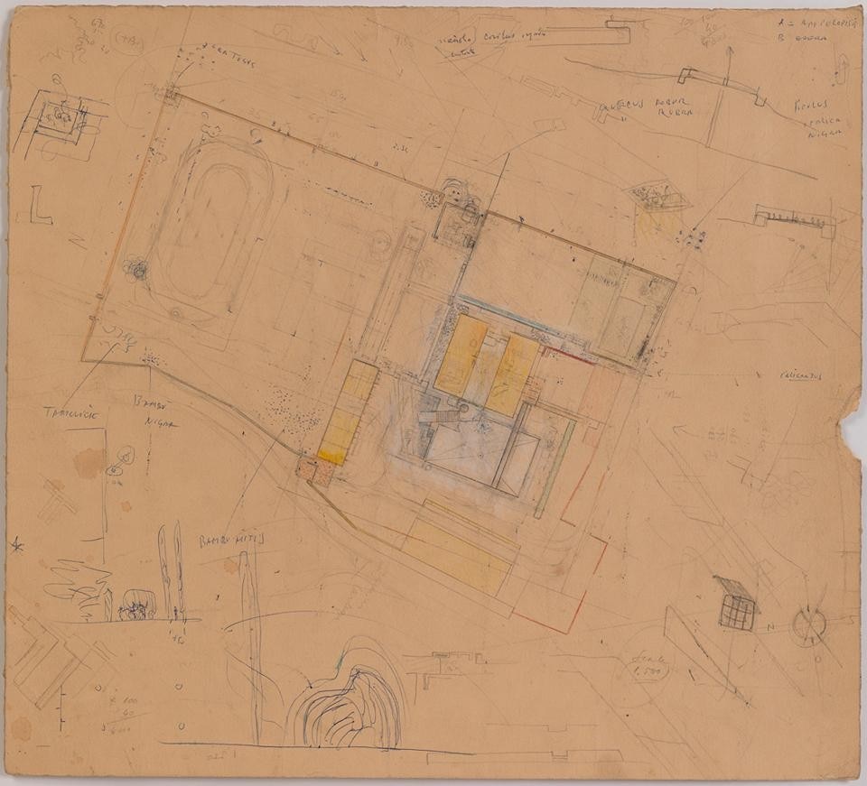Top: <em>Carlo Scarpa: The Architect at Work</em> installation view at the Cooper Union. Above: Carlo Scarpa, Villa Il Palazzetto, General plan of the villa and grounds. Courtesy of The Irwin S. Chanin School of Architecture Archive of The Cooper Union
