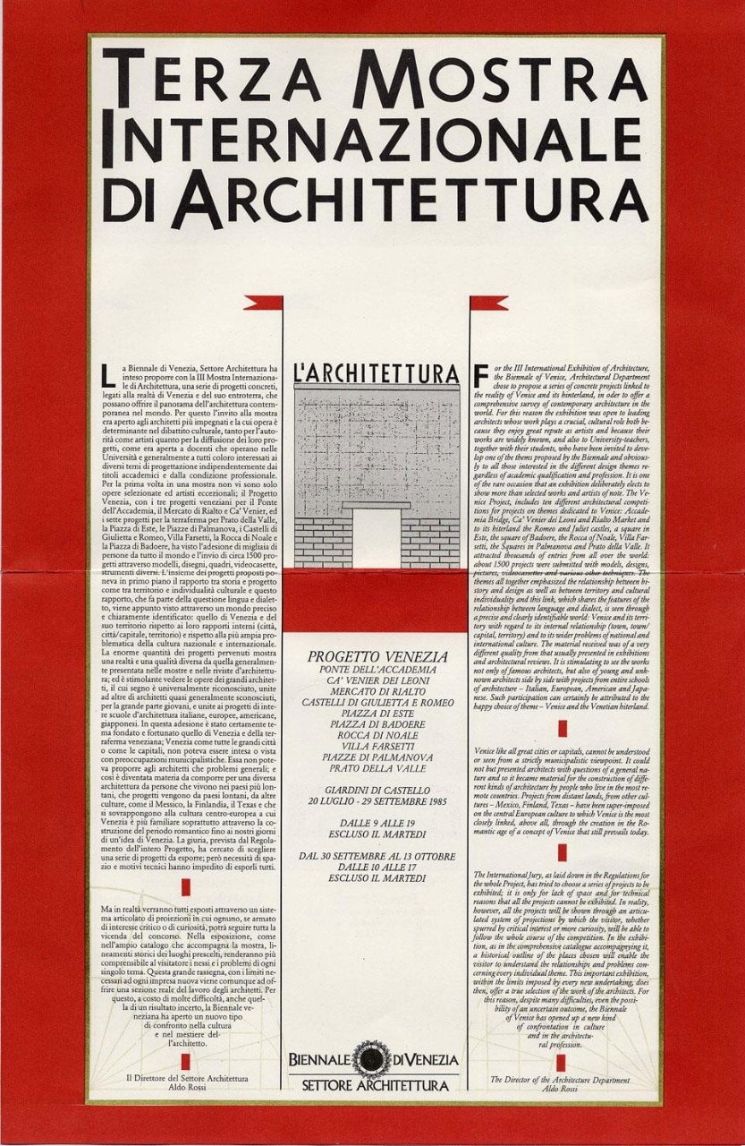 The program for the 1985 Venice Architecture Biennale, authored by Aldo Rossi. Image courtesy of ASAC