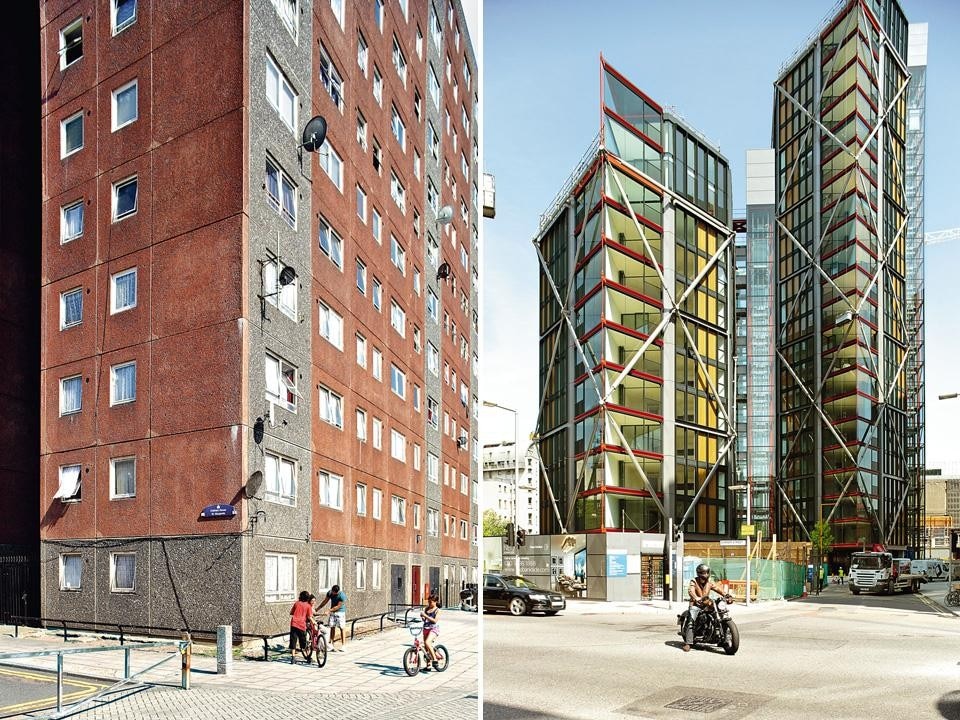 Left, Barking: One of the 1960s council
housing towers on the
Gascoigne Estate, which is
gradually being demolished. Right, Southwark: Neo Bankside, a luxury
condominium designed by
Rogers Stirk Harbour +
Partners next to Tate Modern