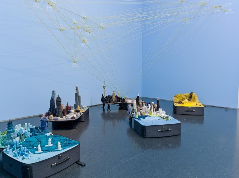 Installation view of Yin Xiuzhen's <em>Portable City</em>
series in <em>Skyscraper: Art and Architecture
Against Gravity</em> at the MCA Chicago. Photo: Nathan
Keay, © MCA Chicago