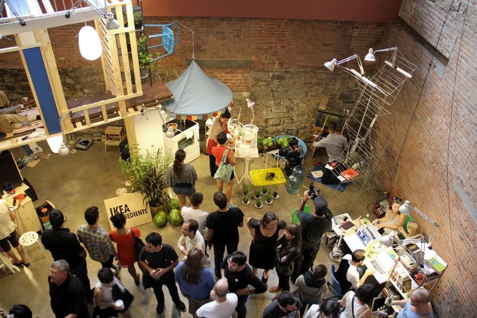 Andres Jaque Architects and the Office for Political Innovation, <em>Ikea Disobedients</em>. Top: Greg, Donnie, Maja and Corentine. Above: Performance view at the MoMA PS1