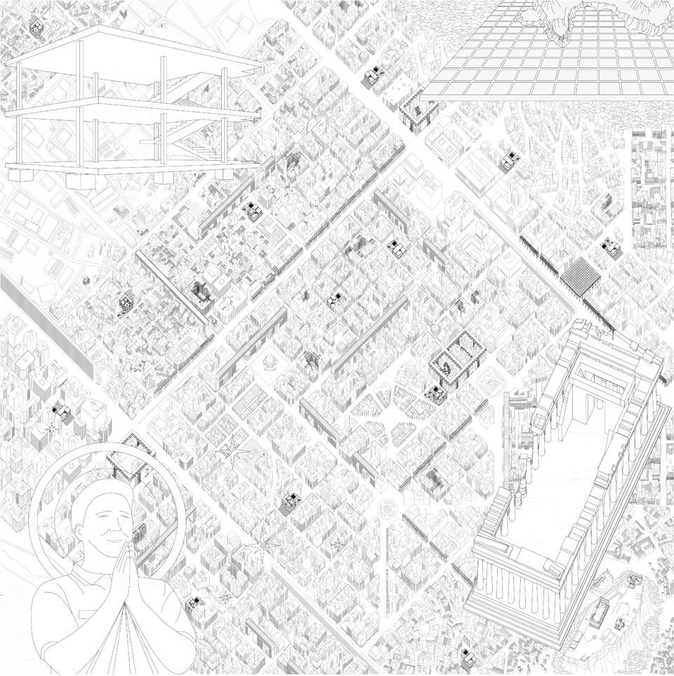 The proliferation of
new archetypes in the
<em>polykatoikia</em> carpet would
create a new anatomy for
central Athens through
architecture rather than
through abstract legislation.
This map does not represent
the real geography of
Athens, but rather an ideally
reconstructed, analogous
collage of its main urban
conditions: the analogical
character of the drawing
serves to underline the idea
that no coherent master
plan is put forward here, but
only a catalogue of possible
actions that will unfold in
different ways depending
on the context, changing the
city through physical space
one act at a time. Research
project “Athens: Labour,
City, Architecture. Towards
a Common Architectural
Language”, conducted at the
Berlage Institute, Rotterdam,
by Pier Vittorio Aureli,
Maria S. Giudici, Platon
Issaias, Elia Zenghelis and
postgraduate researchers
Juan Carlos Aristizabal, Hyun
Soo Kim, Ivan K. Nasution,
Davide Sacconi, Roberto
Soundy, Yuichi Watanabe, Ji
Hyun Woo, Lingxiao Zhang
(2010-2011)