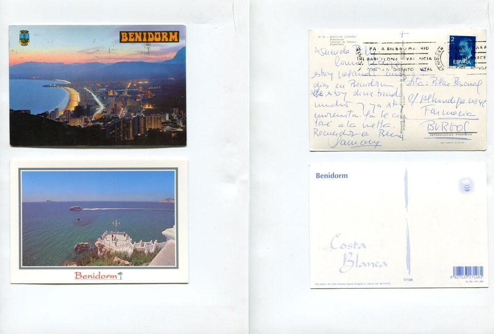 Benidorm. Top: Postcard dated 3 June 1979 (King Juan Carlos I stamp). Below: Postcard from 2012
