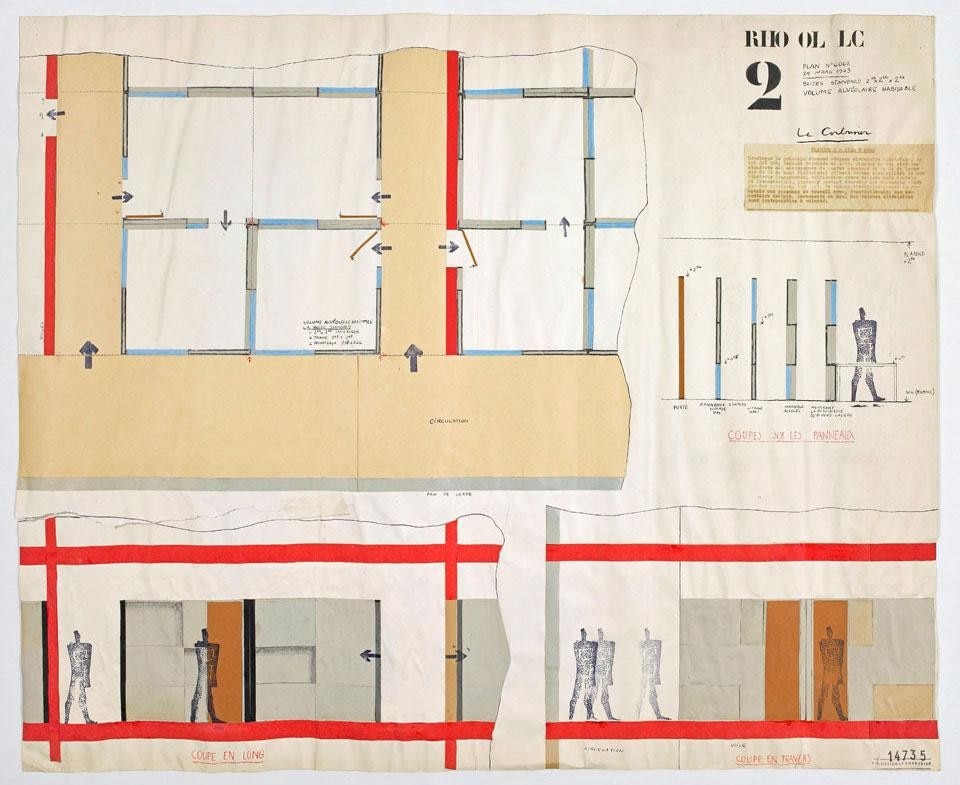 Le Corbusier, <em>Project for Olivetti's Centre for Electronic Calculation in Rho, Italy</em>. Plan and section of the "boite standard", a habitable alveolar volume, 25 March 1936. Image courtesy of Fondation Le Corbusier