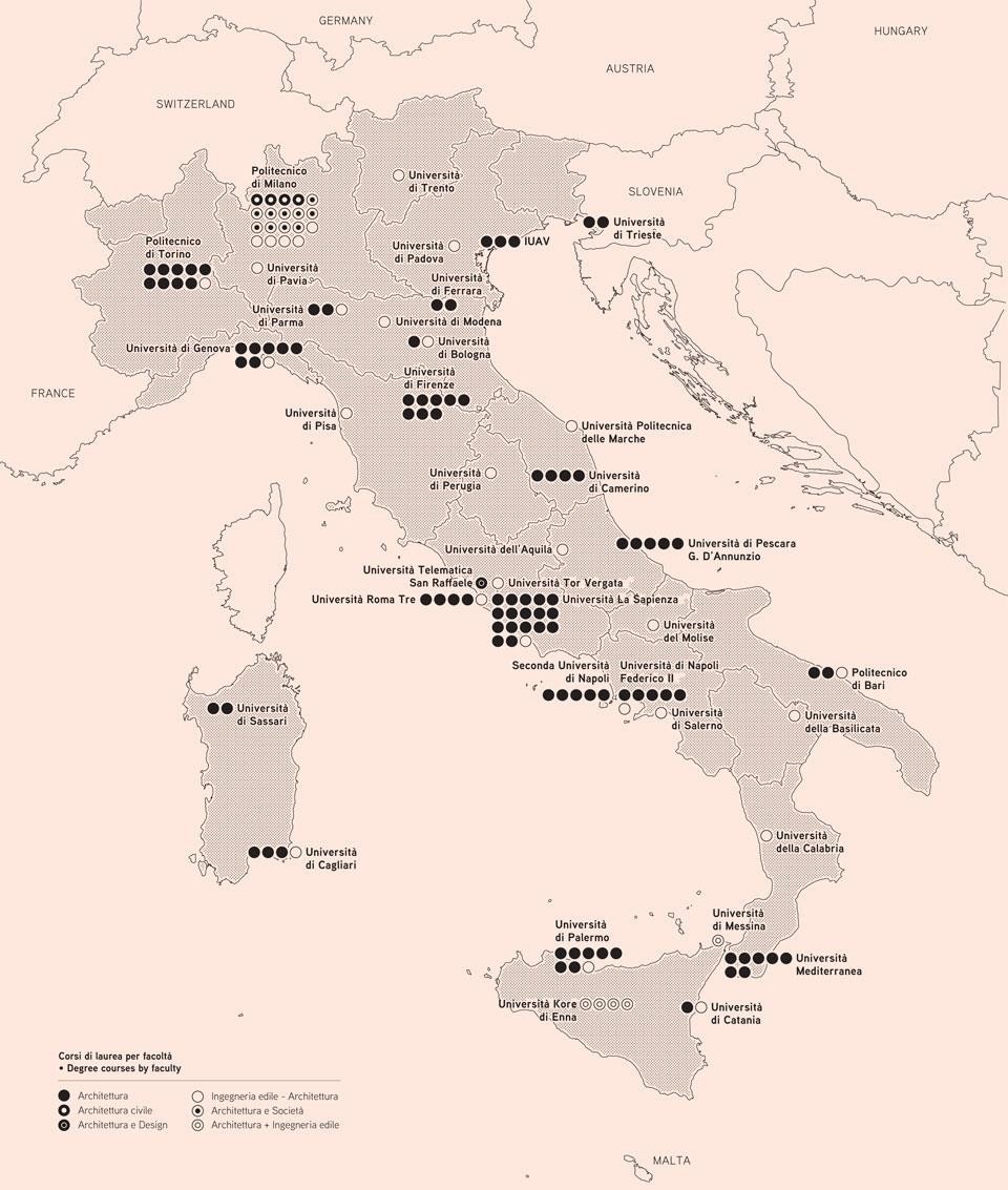 A nation
of saints,
poets and
architecture
students: Italy is dotted with a staggering
51 faculties of architecture and
engineering o�ering "class 4/S"
courses, not to mention widely
assorted curricula. Infographic by Simone Trotti