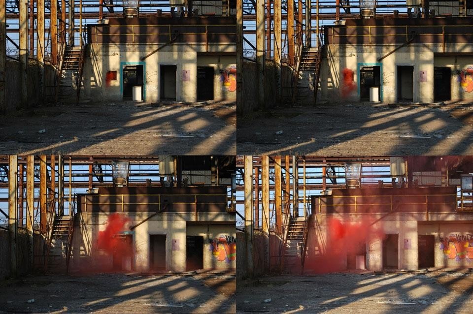 The collective has pioneered a new typology in Porto Marghera: from the depths of an old aluminium factory, a breath of coloured smoke emerges, the instantaneous expression of the "spirit" of a living edifice