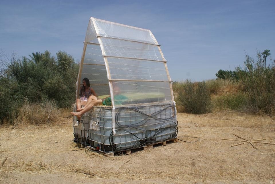 Top: <em>Water party</em>; a relaxing experience in which a sophisticated system exchanges and controls humidity and temperature inside a transparent, enclosed space, recreating just the right conditions to stimulate a memory of the fragrance of night-blooming jasmine. Above: <em>Exfoliating carriage</em>; this transformed cart will ferry users from the centre of Murcia to an orchard in La Huerta. Users will enjoy a therapeutic hot oat soak while taking a tour at just the right speed to enjoy the subtleties of the scenery