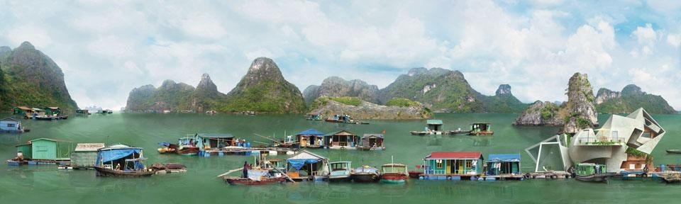 Project in Halong Bay, Vietnam (colour photos, diasec), a collection of floating villages stretching 120 km along the coast: Halong VII, 150 x 500 cm, 2009. © 2010 Novalis Contemporary Art, Torino.