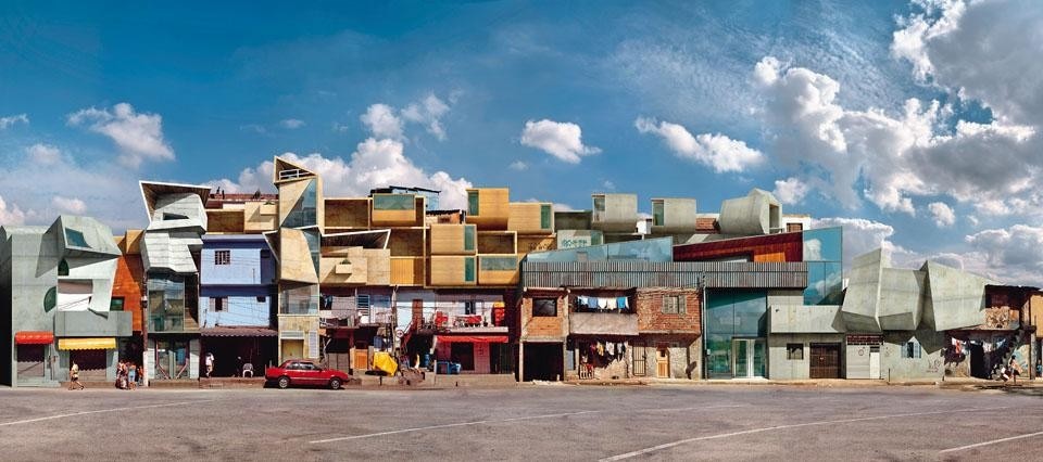 Nova Heliópolis IV, colour photo, diasec, 180 x 405.5 cm, 2006. This series is the result of years of work travelling throughout the internal world of the shanty-towns of Sao Paulo and Rio de Janeiro. 
After an exacting study of these massive irregular settlements, the artist proposes a radical restructuring of the constructability, improving precarious conditions of habitability.