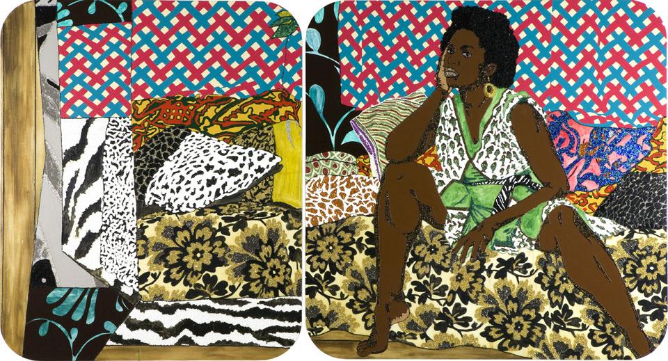 Mickalene Thomas, <i>Baby I Am Ready Now,</i> 2007. Acrylic, rhinestone and enamel on wooden panel. Diptych, 72 x 132 in. Rubell Family Collection, Miami.<br />
Group portrait above, L to R: Rashid Johnson, Nick Cave, Kalup Linzy, Jeff Sonhouse, Lorna Simpson, Carrie Mae Weems, Barkley L. Hendricks, Hank Willis Thomas (blue shirt in the front),  Xaviera Simmons, Purvis Young, John Bankston, Nina Chanel Abney, Henry Taylor, Mickalene Thomas (sitting in front), Kerry James Marshall, and Shinique Smith. Photo Credit: Kwaku Alston