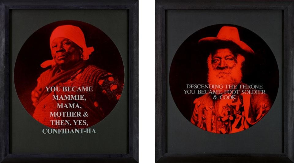 Carrie Mae Weems, <i>Descending the Throne (from From Here I Saw What Happened and I Cried series),</i> 1995-1996. Two monochrome C-prints with sand-blasted text on glass in artist frames, Ed. 6/10, Diptych, 26 1/2 x 58 in. Rubell Family Collection, Miami