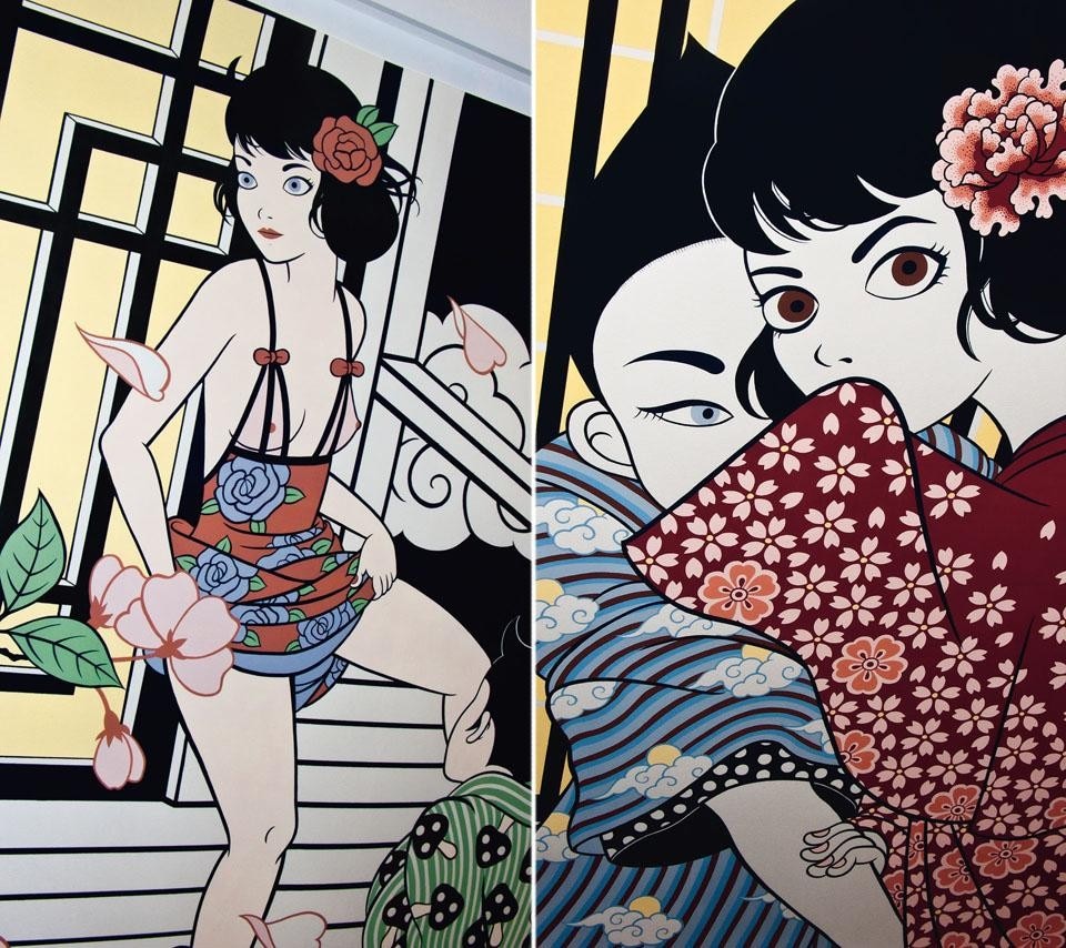 Asuka
Ohsawa, left: <i>Spring Love #1</I> right: <i>Spring Night</i>, gouache on
paper, 2008-2009