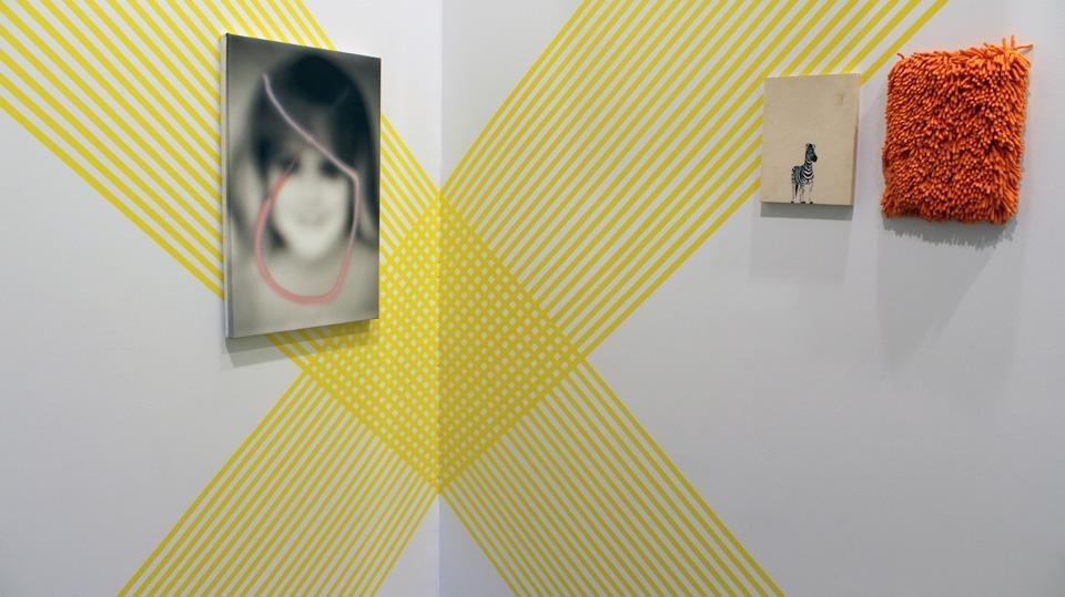 Top: Rebecca Ward, <em>Stripes</em>; David Mramor, <em>Blurred image</em>. Above, from left to right: David Mramor, <em>Blurred painting</em>, Rebecca Ward, <em>Stripes, Zebra</em> and <em>Carpet</em> paintings