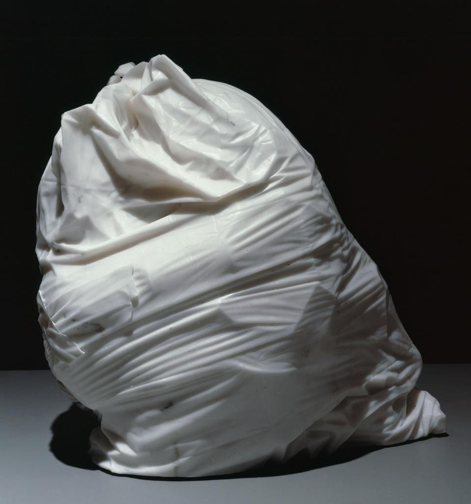 Top: Maurizio Cattelan, <em>Untitled</em>, 2001,  Installation View. Courtesy of the artist and Marian Goodman Gallery, New York. Above: Jud Nelson, <em>Hefty 2-Ply</em>, 1979-1981. Collection Walker Art Center, Minneapolis