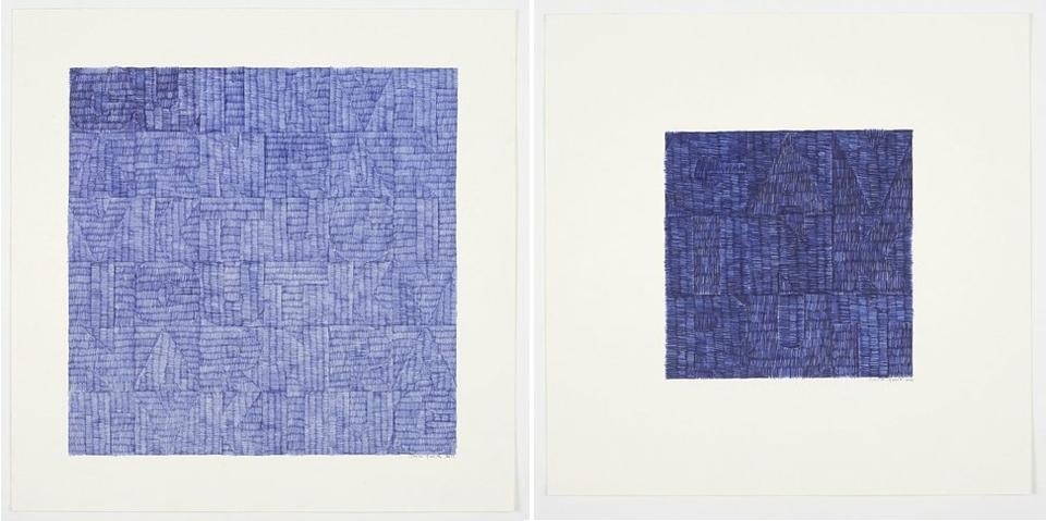 Top: <em>Self Portrait (Fountain)</em>, 2012. Above: Left,
<em>GUIKVT</em>, 2012. Right, <em>Across (Blue Biro)</em>, 2012