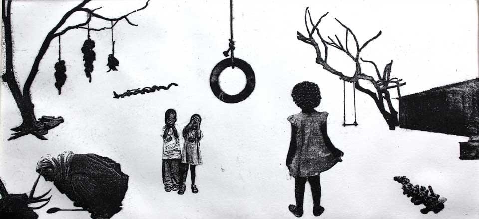 Nathalie Mba Bikoro, <em>The playground & from the sky (triptych)</em>, 2011. Courtesy of the artist and Dak'Art 2012
