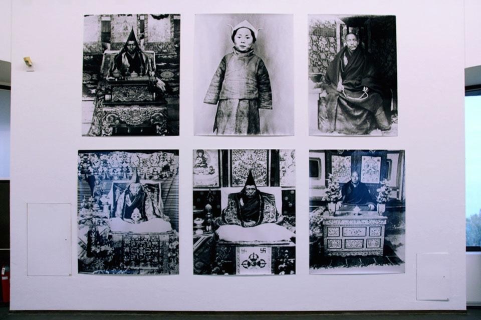 Top: Paola Pivi, <em>Tulkus 1880 to 2018</em>, installation view at the Castello di Rivoli's Manica Lunga gallery. Above: six photographs from the David Sassoon collection, exhibited for the first time. Clockwise from top left: unidentified <em>Tulku</em>; His Holiness the 14th Dalai Lama (the current Dalai Lama, portrayed as a child); unidentified <em>Tulku</em>; unidentified <em>Tulku</em>; the Third Tagdrag Rinpoche (1874-1952); Lhatsun Rinpoche (?-1959), Zhungpa Khangtsen, Sera Mey