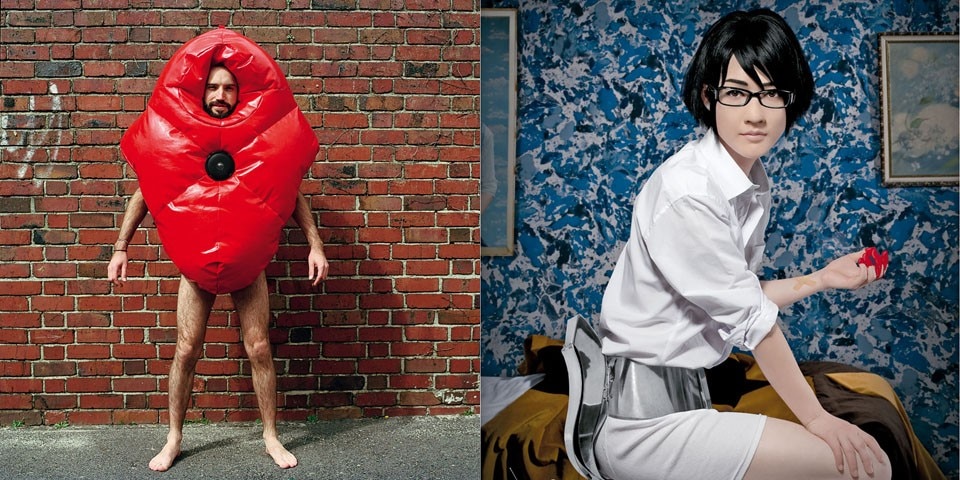 Left: Ralph Borland, <i>Suited for
Subversion,</i> 2002. Nylon, reinforced
PVC, denim,
padding, speaker, pulse-reader,
circuitry. <br />Right: SPUTNIKO!, Menstruation
Machine. Takashi’s Take.
The machine was developed
with research support from
Professor Jan Brosens at
the Department of Medicine,
Imperial College London.