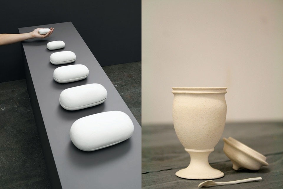 Left: Brigitte Coreman, <i>Coffins
for the Stillborn.</i> The project
tackles the very delicate
issue of when life actually
begins. Stillborn babies have
no abode. The project raises
the question of how to give
form (and a ritual) to the
feeling of loss.<br />Right: Kieren Jones, <i>The Chicken
Project,</i> egg cup constructed
from fine poultry bone china
(1 chicken = 1 cup).