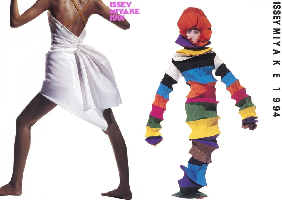 Left: Poster from the Spring/Summer Collection 1991. Right: Issey Miyake, Poster from the Spring/Summer Collection 1994. Photo Irving Penn. Poster design and typography Ikko Tanaka. Photo © The Irving Penn Foundation.