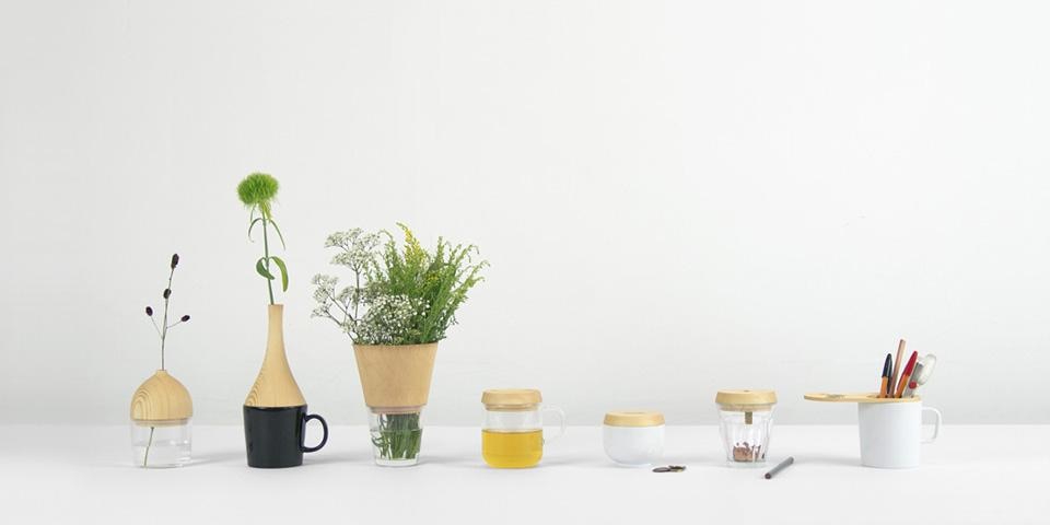 Daisuke Kitagawa’s  Rename—seven wooden accessories that thanks to a silicon ring, interchange with “extensions” that fit all the most common mug formats, inventing new uses: flower vase, pencil sharpener, pen holder, sugar bowl, money box, jug, etc. 