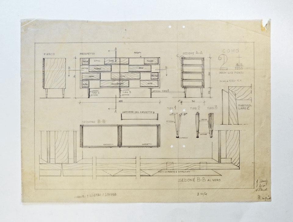 Gio Ponti, dresser dated from the 1950s, technical drawing