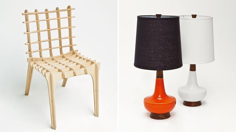 Left: Diatom Studio, <em>Sketch Chair</em>, an example of open-source software enabling an item of furniture to be
easily designed and made digitally. The Antler is the project’s
emblem-chair —
$34,475 ($18,000 goal),
584 backers. 
Right: Shannon Guirl, <em>The New Century Modern Lamp</em>, a classic ceramic and wood lamp devised by the self-taught
designer who manufactures it, together with other models in
her company, Caravan Pacific — $50,649 ($8,000 goal),
222 backers
