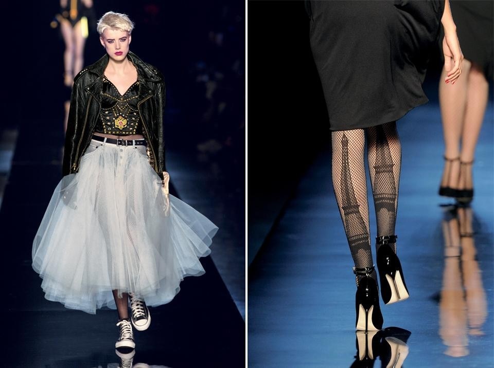 Left, Jean Paul Gaultier,  First collection. Women's pret-a-porter spring/summer 1977.  30th anniversary runway show, October 2006. © Patrice Stable/Jean Paul Gaultier. Right, Jean Paul Gaultier, Fishnet tights, <em>Parisiennes </em>collection.
Haute couture fall/winter 2010-2011.
© Patrice Stable/Jean Paul Gaultier