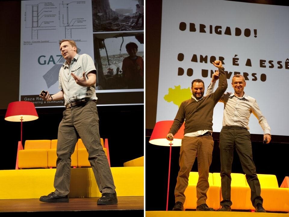 Left, architect Cameron Sinclair of Architecture for Humanity at What Design Can Do 2012. Right, Architect and social designer Marcelo Rosenbaum and moderator Lucas Verweij 