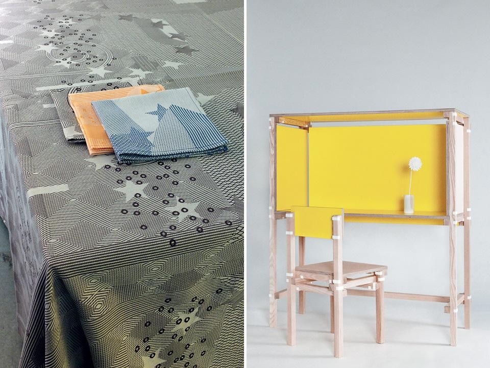 Left: <em>Notgeld</em>. Tablecloths,
kitchen towels and napkins
inspired by banknote patterns. Right: <em>Inside Out Furniture</em>, designed to be downloaded,
3D-printed and assembled locally