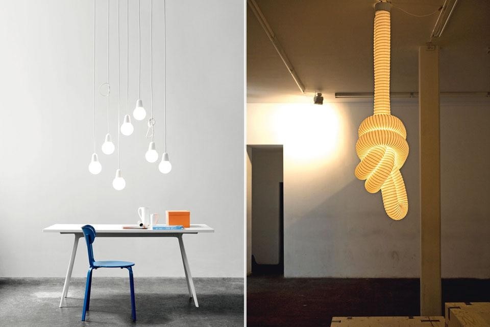 Left, KiBiSi's <em>Bulb Fiction</em>
lamp for Light Years, 2012. Right, the <em>Knot lamp</em>, designed in
2005