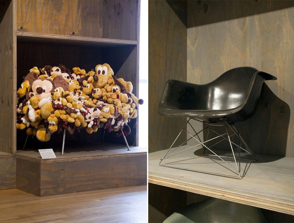 <em>Extraordinary Stories About Ordinary Things</em>, installation view at the Design Museum, London, 2013. Left, the Campana brothers' <em>Cartoon Chair</em>, 2007. Right, Charles Eames, <em>LAR armchair</em>, 1948 