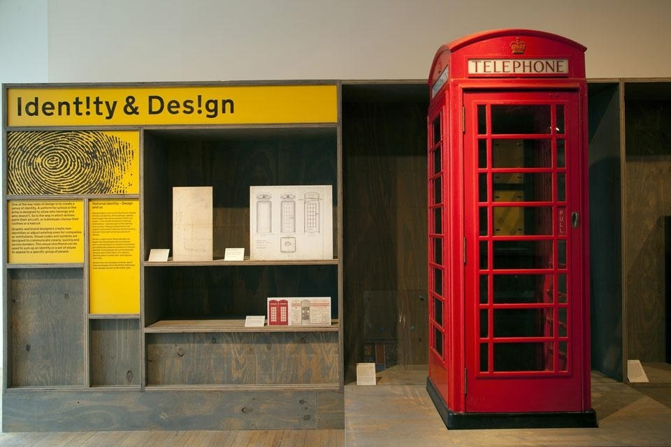 <em>Extraordinary Stories About Ordinary Things</em>, installation view at the Design Museum, London, 2013. Right, the <em>K6</em> Kiosk designed by Sir Giles Gilbert Scott