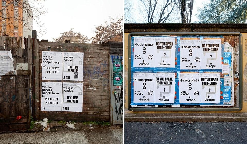 Left, <em>Printed Talks in the City</em>, via Giuseppe Zanoia, Milan. Right, <em>Printed Talks in the City</em>, Corso di Porta Ticinese, Milan. Photos by Salvatore Gozzo