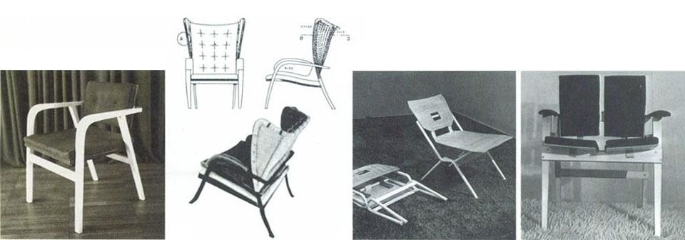 Chair for Villa Pestarini, 1938. Armchair for Villa Neuffer, Ispra 1940. Folding chair of painted tubular metal and playwood (9th Milan Triennale, 1951). Above: TL3 table, for Poggi.